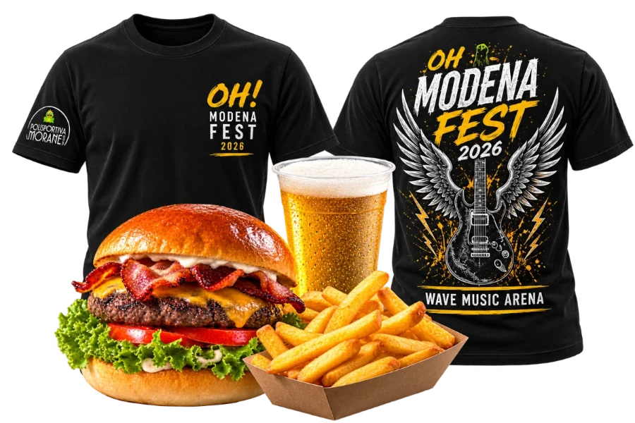 T-shirt ufficiale OH! Modena Fest 2026 fronte e retro, smash burger, patatine e bevanda