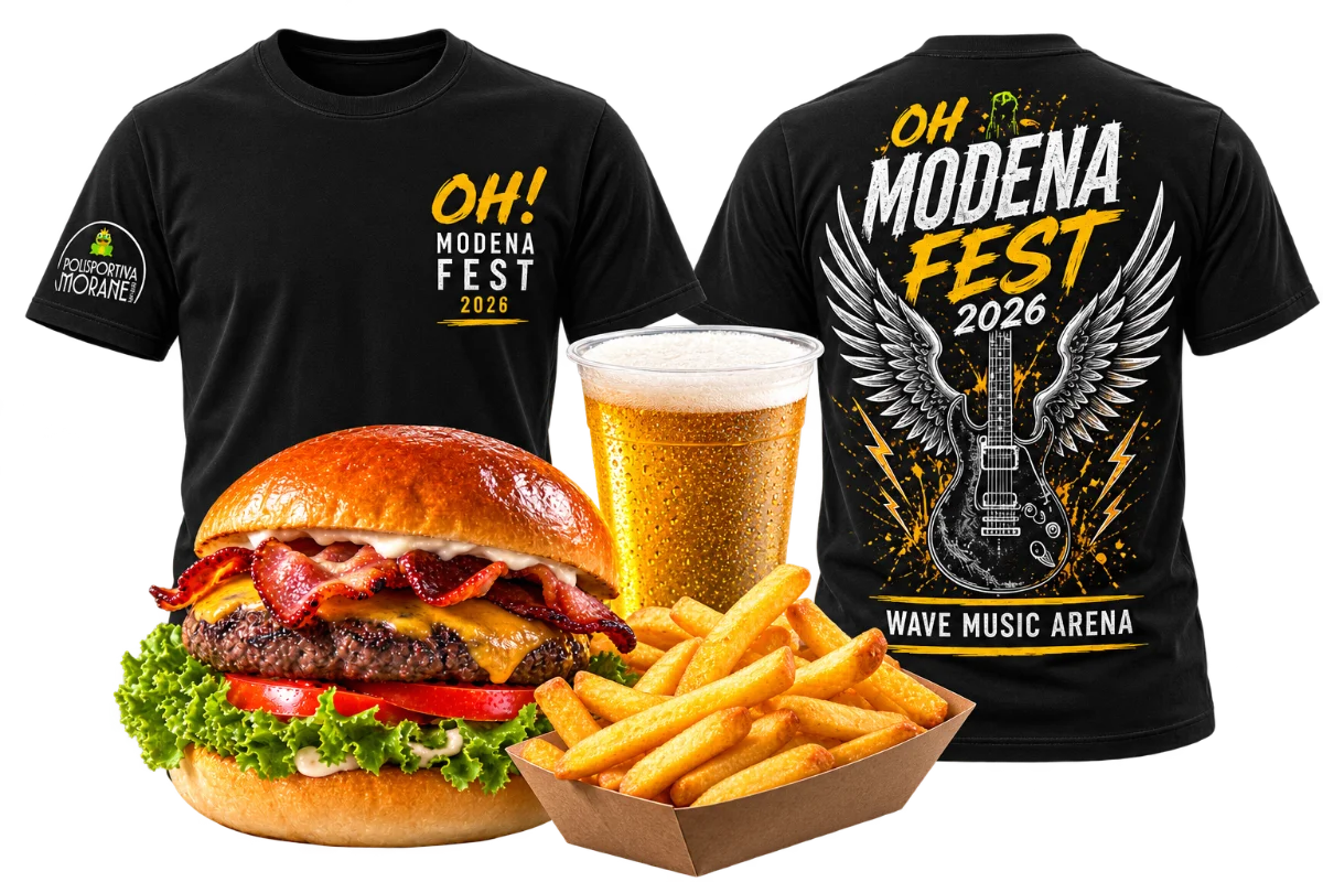 T-shirt ufficiale OH! Modena Fest 2026 fronte e retro, smash burger, patatine e bevanda